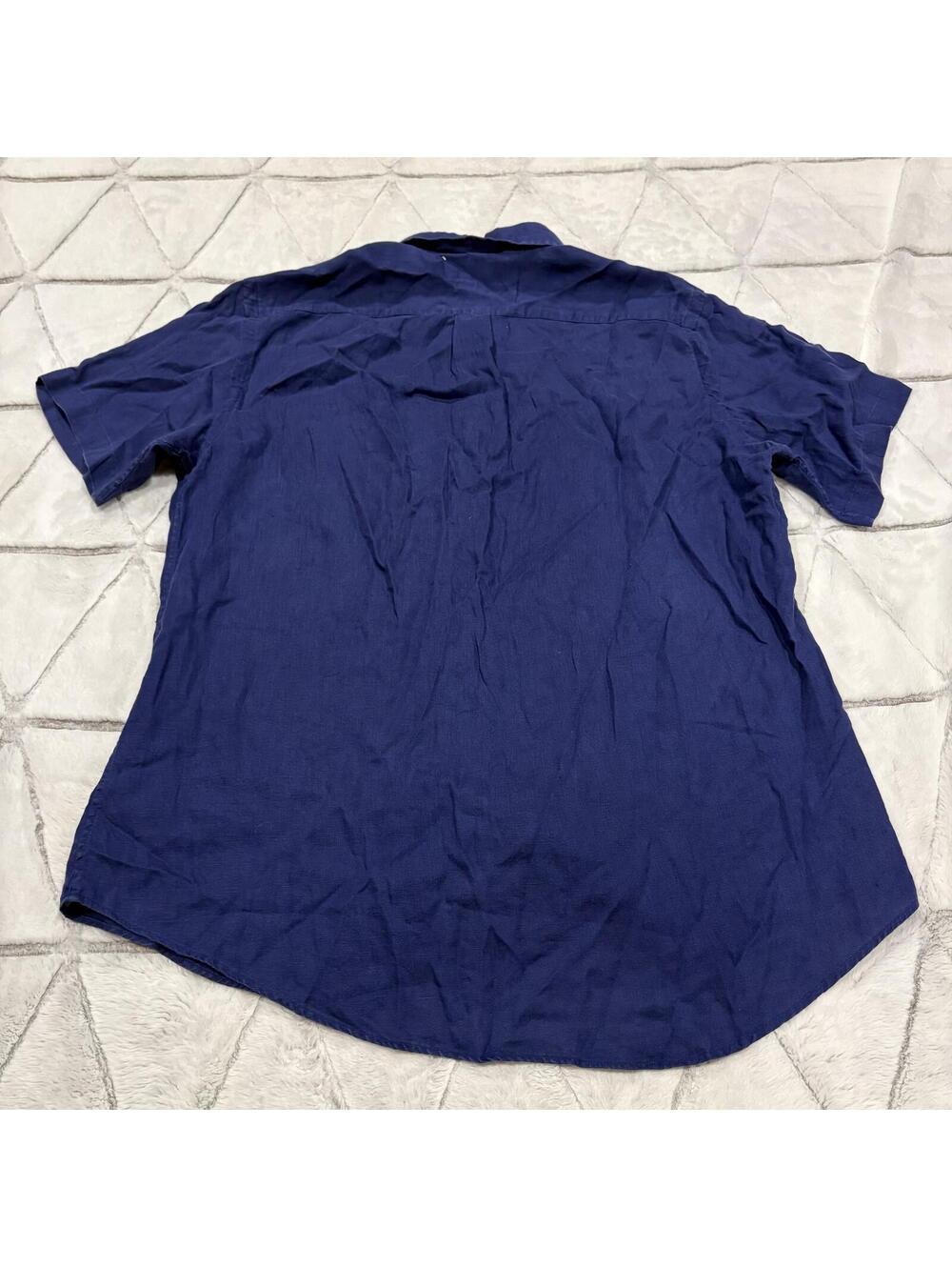 Ralph Lauren Linen Preppy Men's Navy Blue Short Sleeve Button-Up Shirt Large